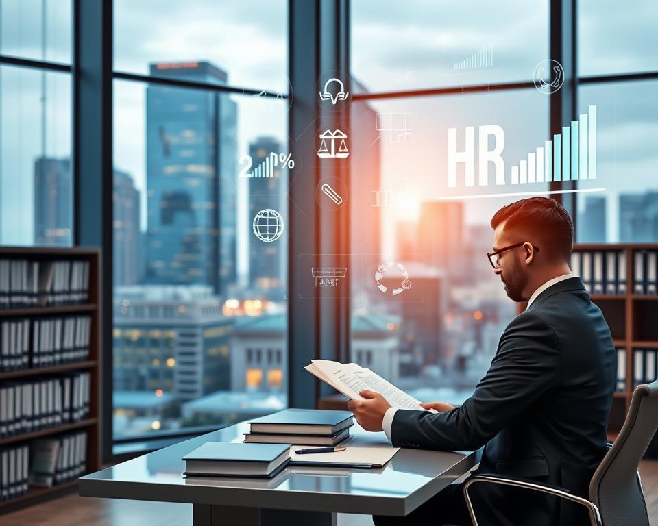 A modern corporate office interior with a large window overlooking a bustling city skyline. In the foreground, a well-dressed HR professional sits at a desk, reviewing legal documents and company policies. The middle ground features shelves filled with binders and law books, symbolizing the extensive compliance and regulatory requirements businesses must navigate. In the background, a holographic display showcases various HR-related legal icons and graphs, providing a visual representation of the complexities involved in maintaining HR compliance. Soft, warm lighting illuminates the scene, creating an atmosphere of professionalism and diligence. The overall composition conveys the critical role of HR in ensuring a company operates within the bounds of the law. A modern corporate office interior with a large window overlooking a bustling city skyline. In the foreground, a well-dressed HR professional sits at a desk, reviewing legal documents and company policies. The middle ground features shelves filled with binders and law books, symbolizing the extensive compliance and regulatory requirements businesses must navigate. In the background, a holographic display showcases various HR-related legal icons and graphs, providing a visual representation of the complexities involved in maintaining HR compliance. Soft, warm lighting illuminates the scene, creating an atmosphere of professionalism and diligence. The overall composition conveys the critical role of HR in ensuring a company operates within the bounds of the law.