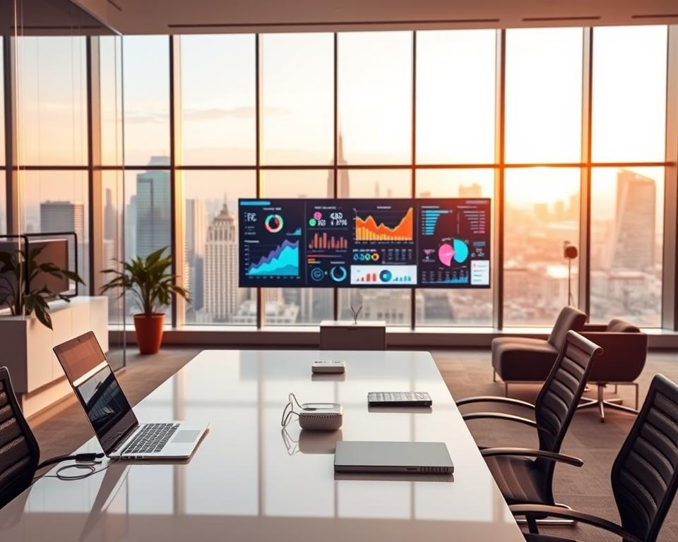 A sleek, modern office interior with an integrated HR technology system at the center. The foreground features a clean, minimalist desk with a laptop, tablet, and other digital devices seamlessly connected. In the middle ground, colorful data visualizations and interactive dashboards project on large, high-resolution displays, showcasing real-time workforce insights. The background depicts a panoramic view of the city skyline through floor-to-ceiling windows, bathed in warm, natural lighting that creates a comfortable, productive atmosphere. The scene conveys a sense of efficiency, connectivity, and the power of technology to transform HR consulting. A sleek, modern office interior with an integrated HR technology system at the center. The foreground features a clean, minimalist desk with a laptop, tablet, and other digital devices seamlessly connected. In the middle ground, colorful data visualizations and interactive dashboards project on large, high-resolution displays, showcasing real-time workforce insights. The background depicts a panoramic view of the city skyline through floor-to-ceiling windows, bathed in warm, natural lighting that creates a comfortable, productive atmosphere. The scene conveys a sense of efficiency, connectivity, and the power of technology to transform HR consulting.