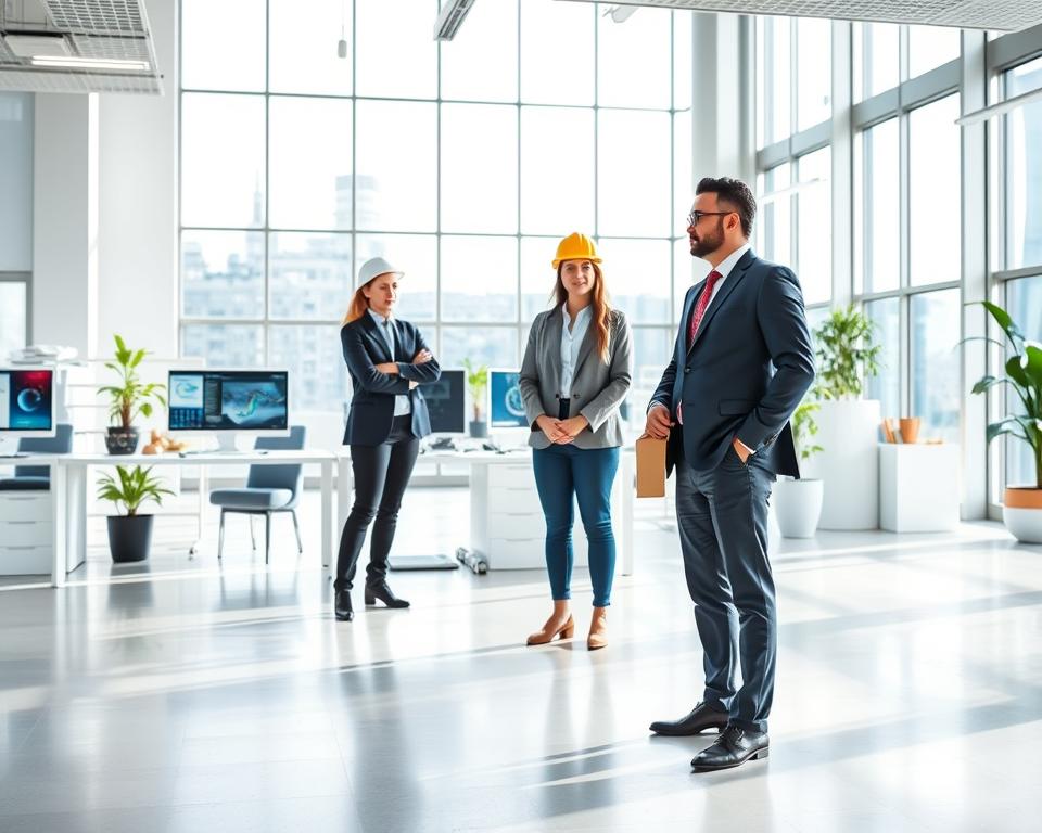 A vibrant, contemporary office setting showcasing the expertise of a workplace safety consulting team. In the foreground, a professional consultant in a crisp suit reviews safety protocols with two attentive employees. The middle ground features a clean, well-organized workspace with computer screens displaying safety analytics. In the background, high windows allow natural light to flood the space, creating a sense of openness and transparency. The overall mood is one of competence, diligence, and a commitment to employee well-being, conveying the advantages of partnering with expert occupational safety specialists.