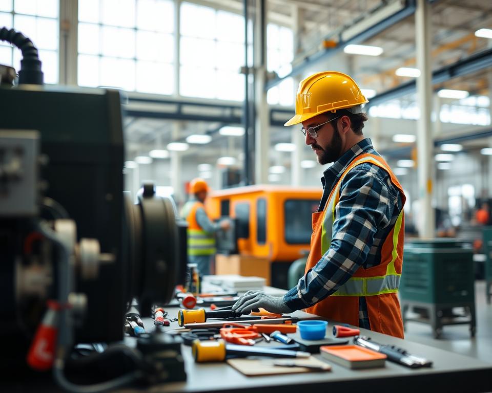 A well-lit industrial workspace, the focus on a worker in a hard hat and safety gear, diligently inspecting a piece of equipment. The foreground features the worker's hands carefully examining the machinery, while the middle ground showcases various tools and safety supplies neatly organized on a workbench. The background depicts a clean, modern factory floor with high ceilings and ample natural light streaming in through large windows. The overall atmosphere conveys a sense of professionalism, attention to detail, and a commitment to occupational safety.