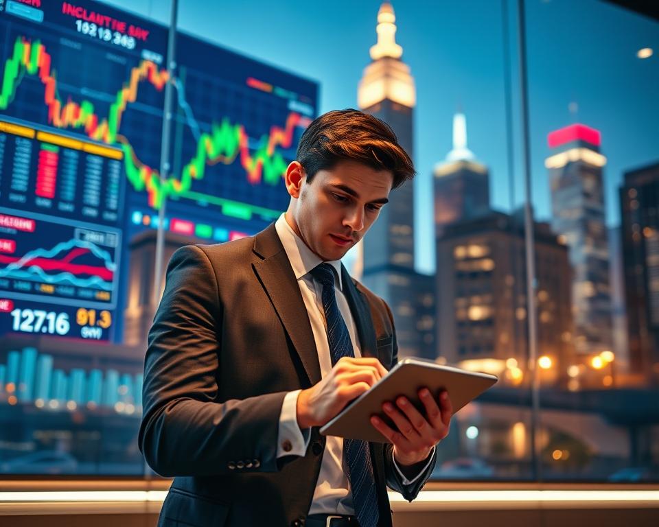 A visually striking scene illustrating the concept of risk management in trading. In the foreground, a confident young professional, dressed in business attire, analyzes data on a tablet with a focused expression. In the middle ground, a large digital display shows fluctuating market graphs and risk assessment charts in vibrant colors, symbolizing the dynamic nature of trading. In the background, an abstract city skyline at dusk, illuminated with soft, warm lights, reflects a sense of opportunity and caution. The image is bathed in a blend of natural and ambient lighting, creating a balanced atmosphere of professionalism and urgency. The camera angle is slightly low, empowering the subject while emphasizing the digital environment.